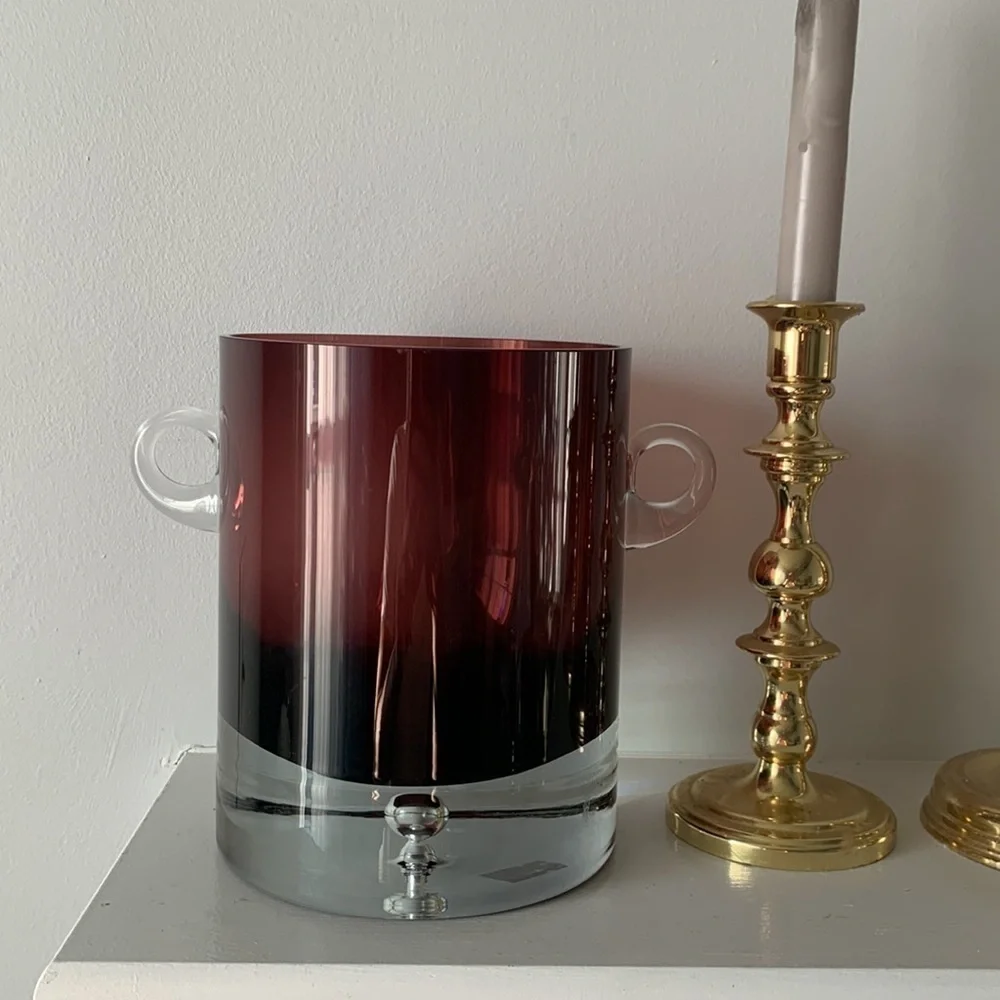 MCM Krosno Poland Block Art Glass With handles Vase‎ Purple Clear Base Bubble